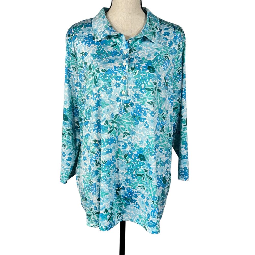 Croft & Barrow Womens Plus 1X-Large Top Floral 3/4 Sleeve Stretch Collared Blue